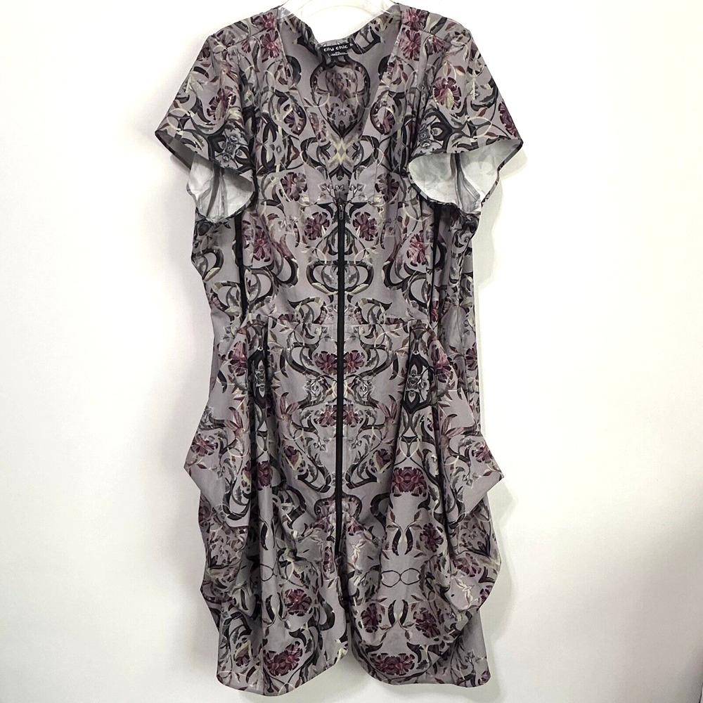 City Chic Drape Zip Front Dress XXL Plus Silver Short Sleeve Party‎ Y2K Trendy